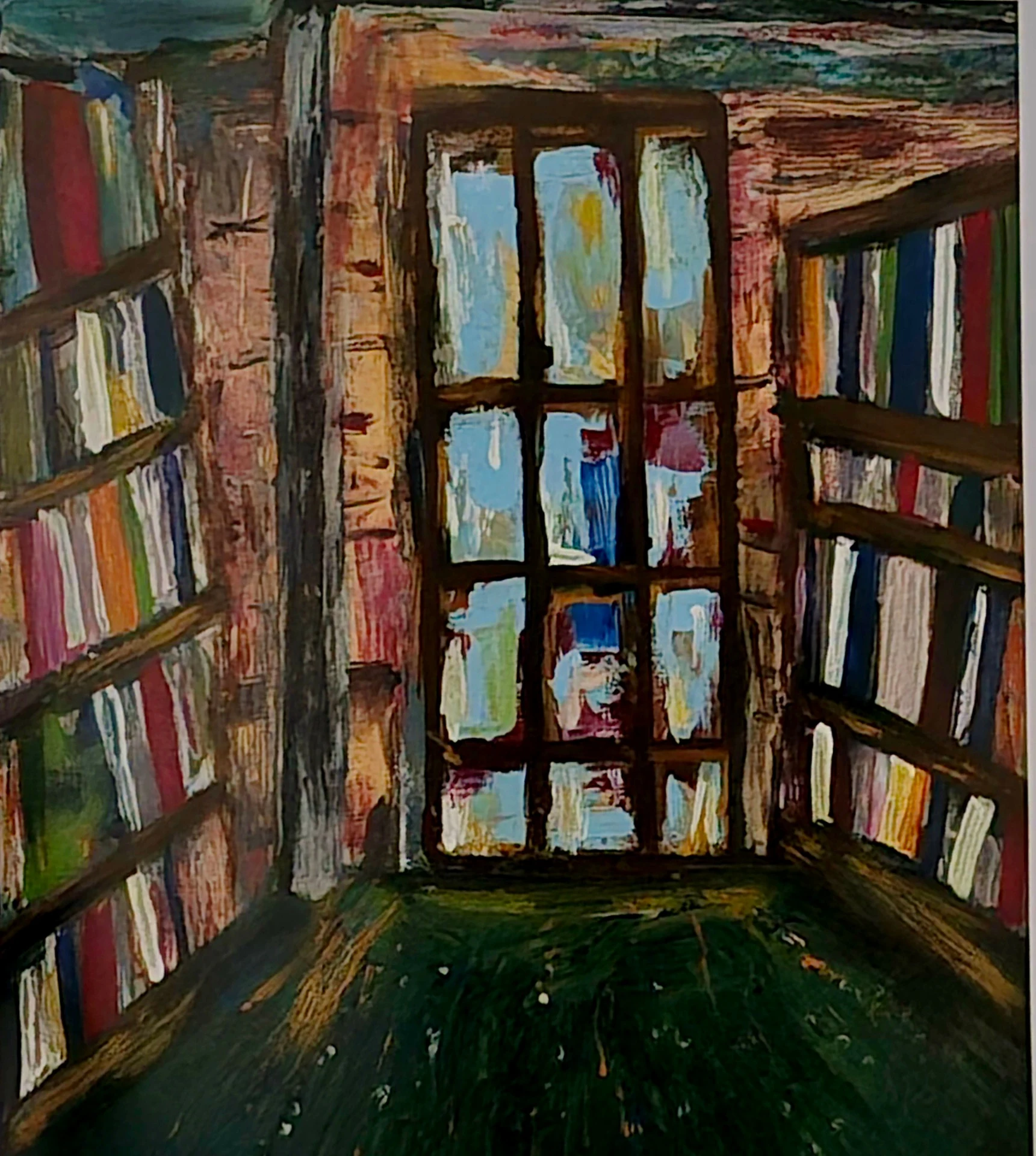 Memória do Cheiro, acrílica sobre papel de PR Callegari, 2026: interior de biblioteca com estantes de livros convergindo para uma janela iluminada.