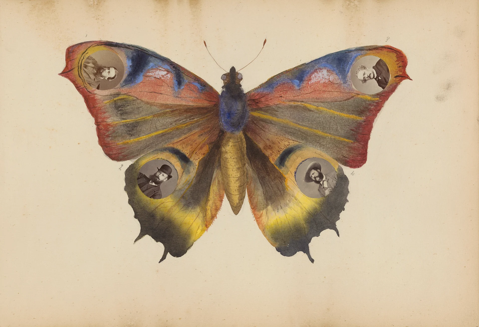 Colagem de uma borboleta em aquarela com quatro retratos fotográficos nas asas, do álbum de Marie-Blanche Hennelle Fournier, década de 1870.