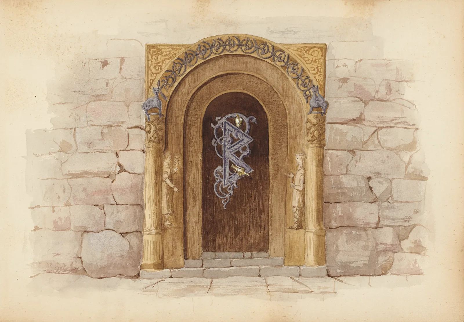 Aquarela de uma porta em arco, com ornamentos dourados sobre muro de pedra, do álbum de Marie-Blanche Hennelle Fournier, década de 1870.